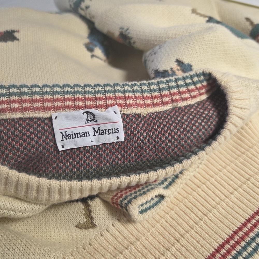 Vtg Neiman Marcus Cotton Golf Print Sweater Size Large Union Made Made In USA - Picture 4 of 16
